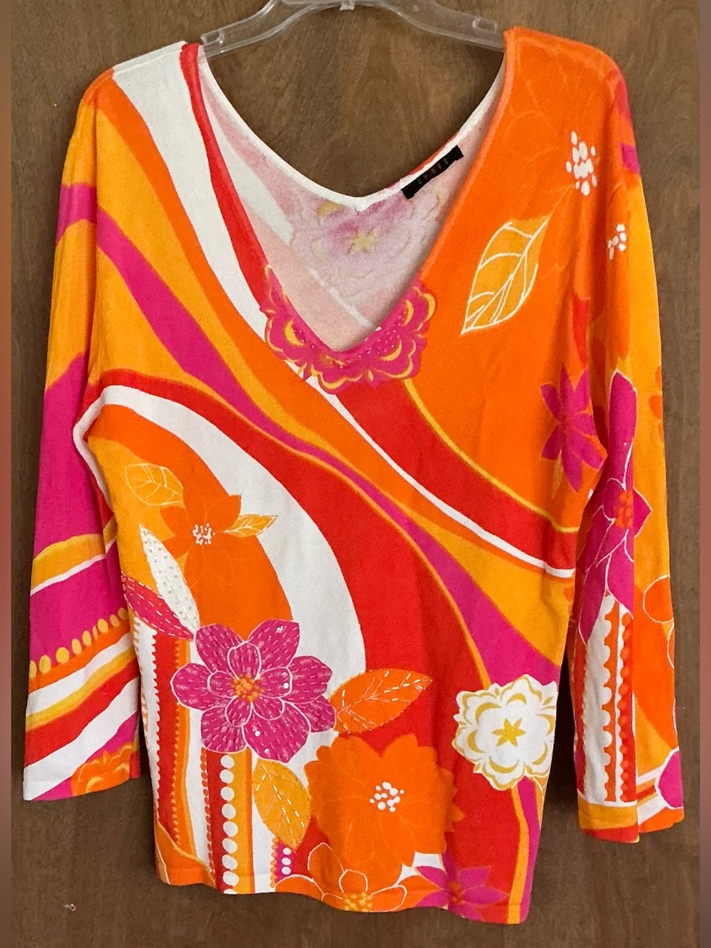 CYRUS Retro Psychedelic Floral Top L V-Neck 3/4 Sleeve Pink Orange Knit